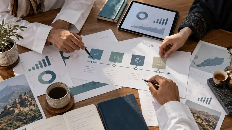 Yemeni consulting professionals reviewing strategy plans and data insights